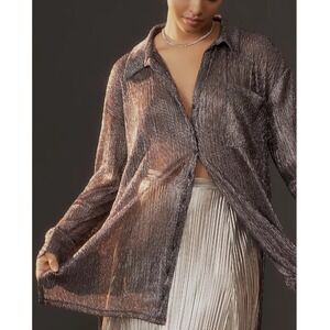 Anthropologie Pilcro Size 2X Metallic Buttondown Tunic Blouse Black Silver NWT